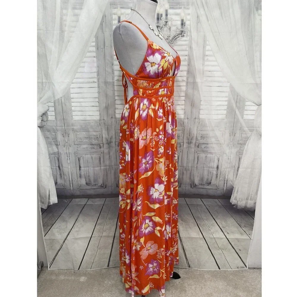 Free People Wisteria Maxi Dress Orange Floral Lightweight Open Back Sleeveless - Picture 6 of 14